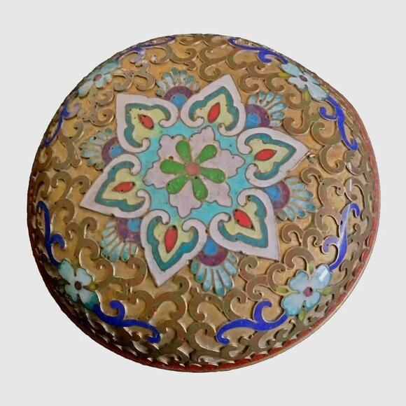 Vintage Cloisonné Round Trinket Box With Floral Enamel Design - Picture 1 of 6